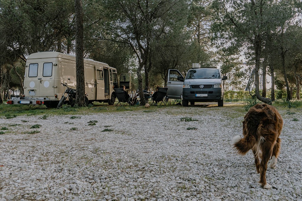 Camping Zeit mit Freunden, zwei Camper stehen nebeneinander, Personen sitzen in der Mitte