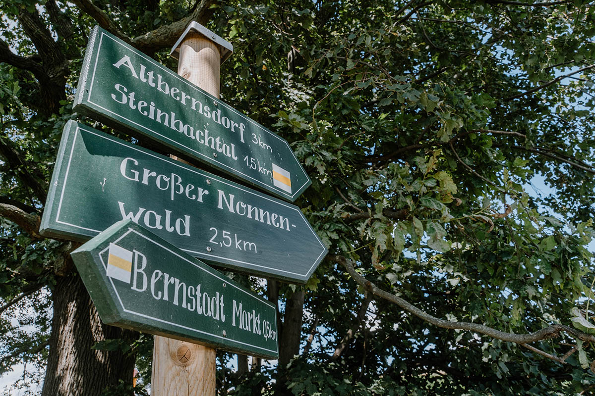 Selbstgemalte Wegweiser aus Holz in der Oberlausitz.