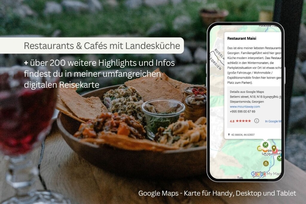 Grafik mit georgischem Gericht, die Werbung für die digitale Reisekarte für Georgien macht.