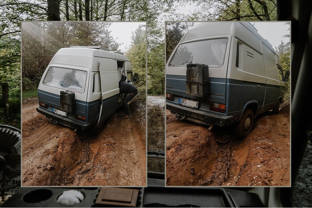Grafik mit 2 Bildern von einem T3 Camper, der sich auf einer matschigen Piste festgefahren hat.