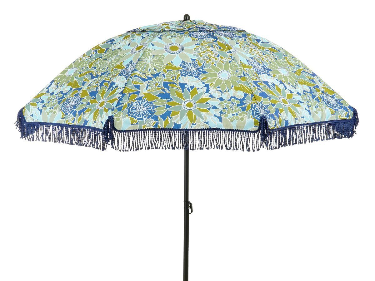 Blau-geblümter Sonnenschirm als Camping Geschenk.