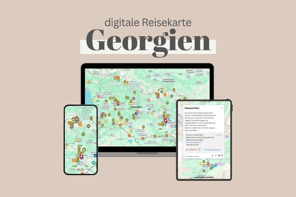 Grafik zur digitalen Reisekarte für Georgien. Abgebildet sind Mockups mit Karte und Beschreibung.