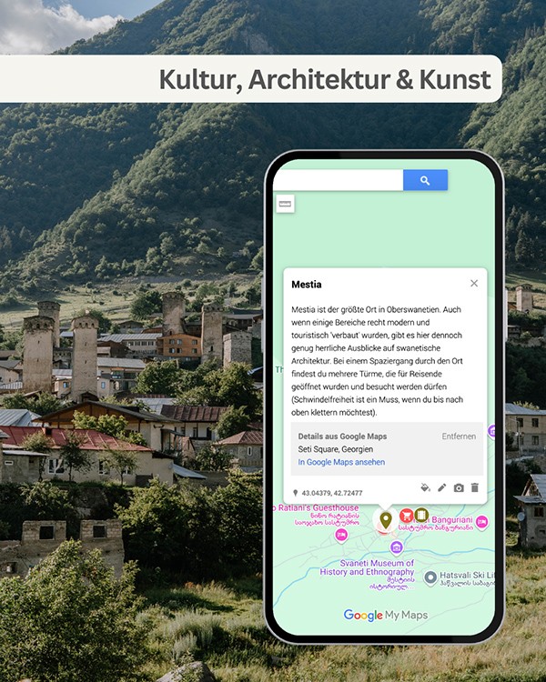 Alter Ortsteil von Mestia mit Steinhäusern und -türmen. Smartphone-Mockup mit Beschreibung der Umgebung.