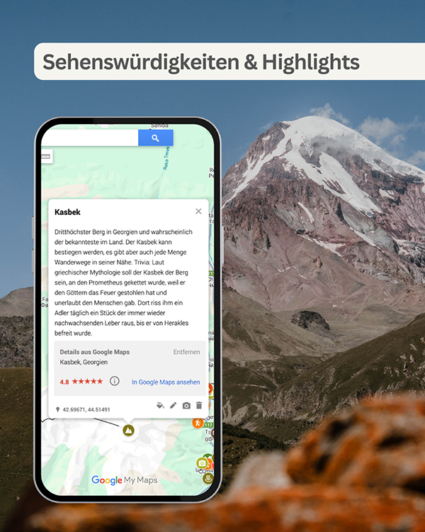 Blick auf den wolkenlosen Kasbek. Smartphone-Mockup mit Beschreibung der Umgebung.
