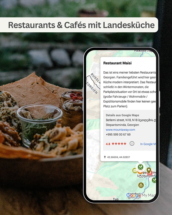 Teller mit georgischen Speisen. Smartphone-Mockup mit Beschreibung des Restaurants.