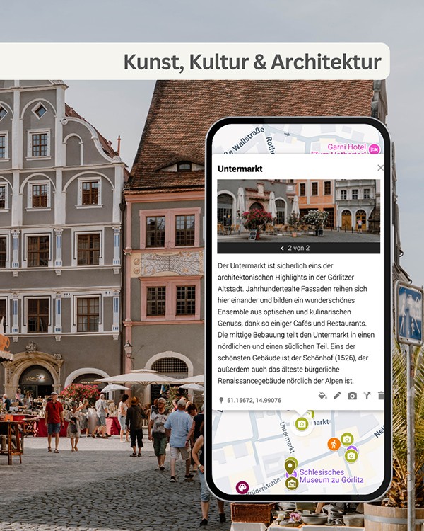 Untermarkt in Görlitz mit alter Bebauung. Smartphone-Mockup mit Beschreibung der Umgebung.