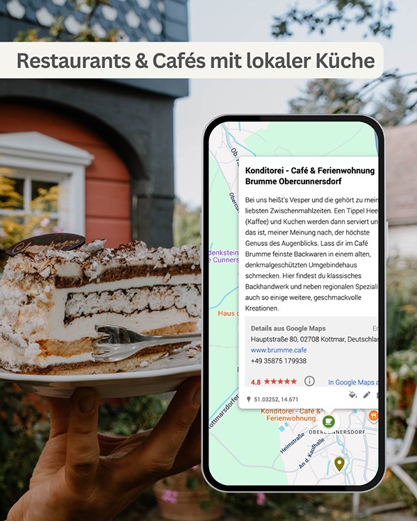 Person hält Kuchen auf Teller in die Kamera. Smartphone-Mockup mit Beschreibung des Cafés.