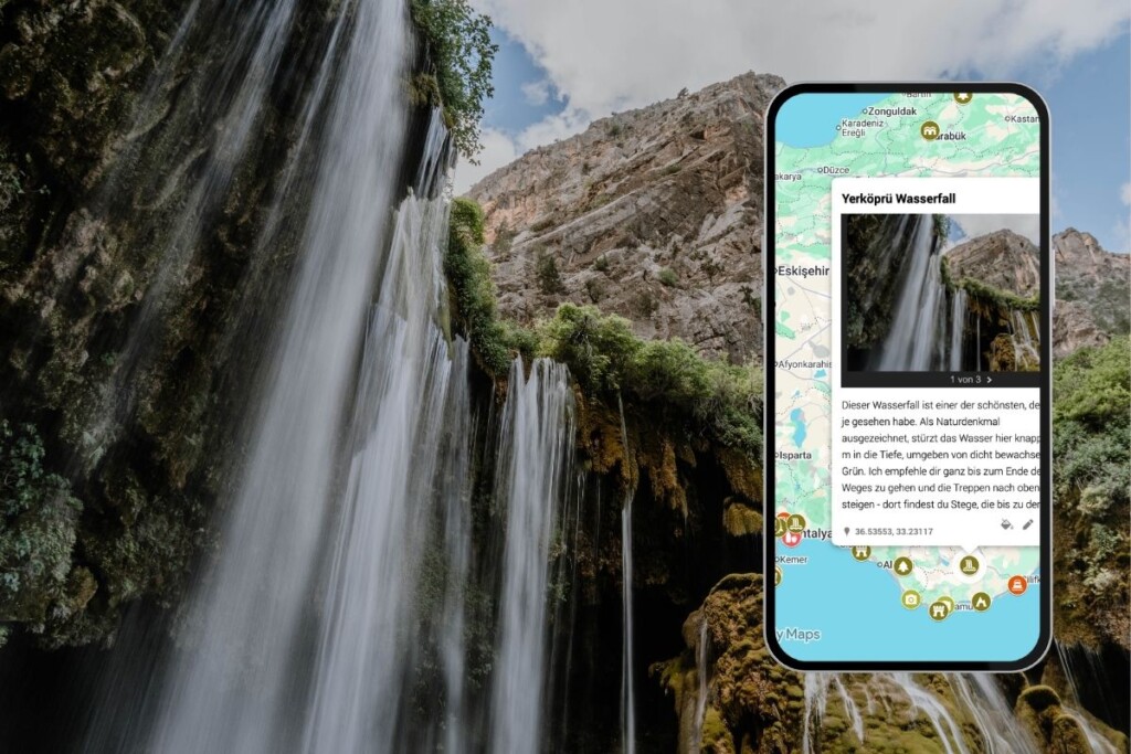 digitaler Reiseführer Türkei: Empfehlung für Attraktionen. Wasserfall, mit Screenshot.
