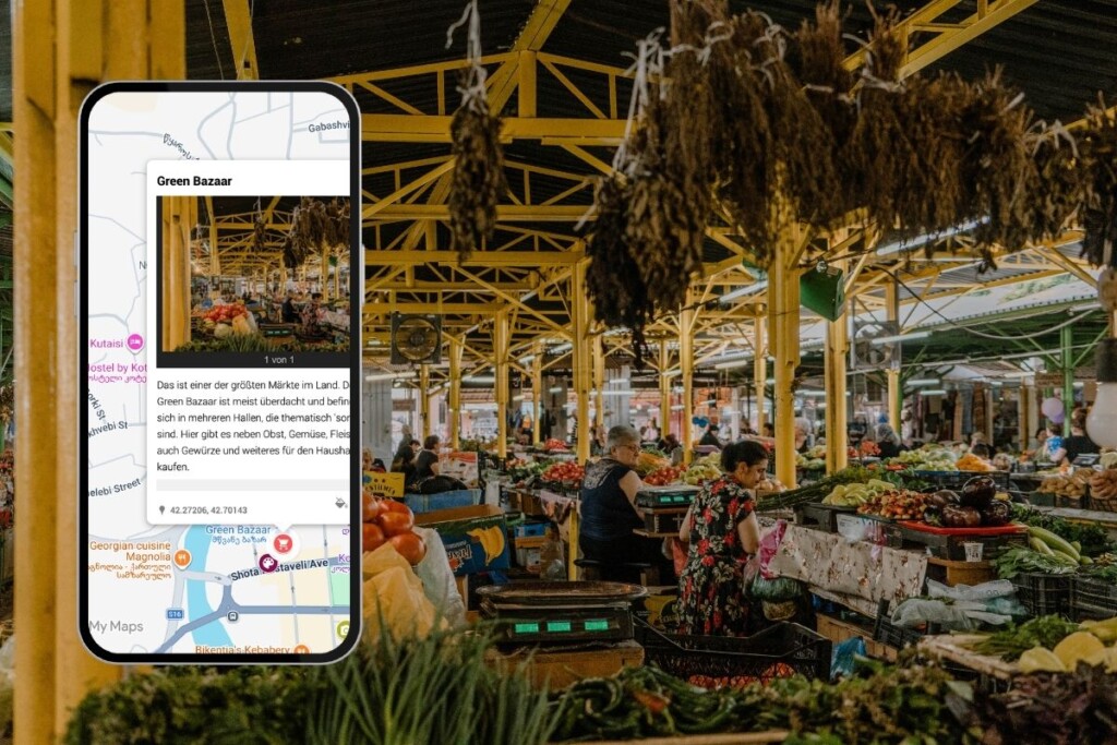 digitaler Reiseführer Georgien: Empfehlung für Markt. Green Bazaar in Kutaissi, mit Screenshot.