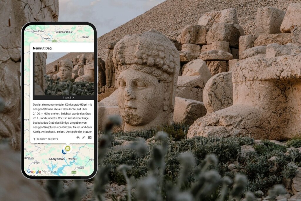 digitaler Reiseführer Türkei: Empfehlung für Sehenswürdigkeit. Statuen am Nemrut Dagi, mit Screenshot.