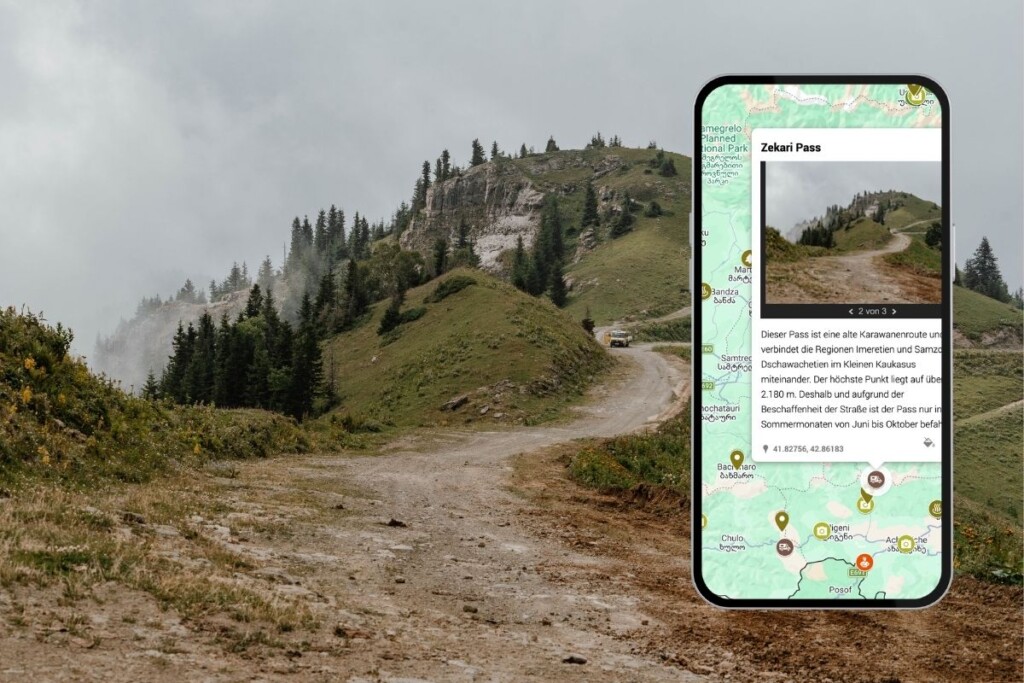 digitaler Reiseführer Georgien: Beschreibung Passstraße. Blick auf Zekari Pass, mit Screenshot.
