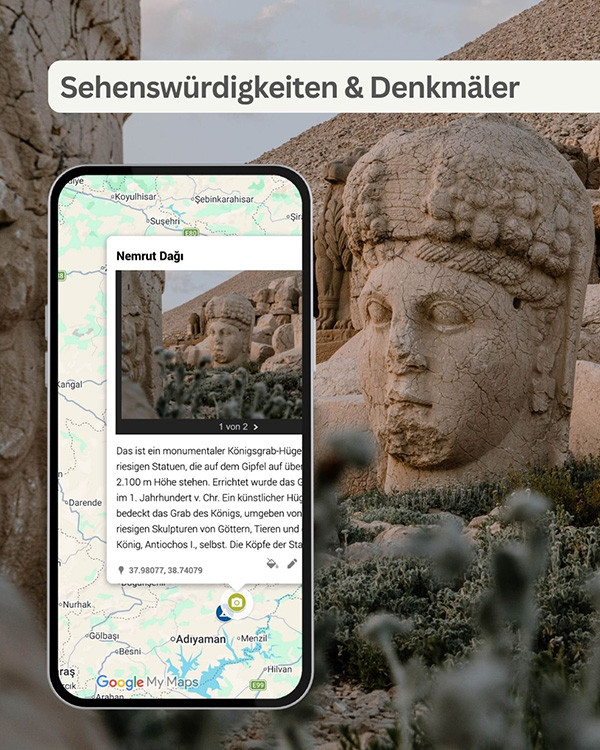 Steinköpfe auf dem Nemrut Dagi. Smartphone-Mockup mit Beschreibung der Ausgrabungsstätte.