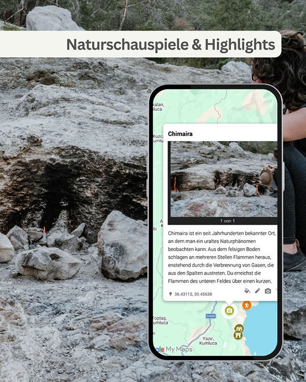 Flammen aus Bergen. Smartphone-Mockup mit Beschreibung der Sehenswürdigkeit.