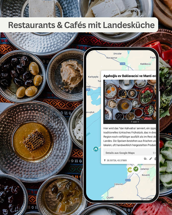 Teller mit türkischem Frühstück. Smartphone-Mockup mit Beschreibung des Restaurants.